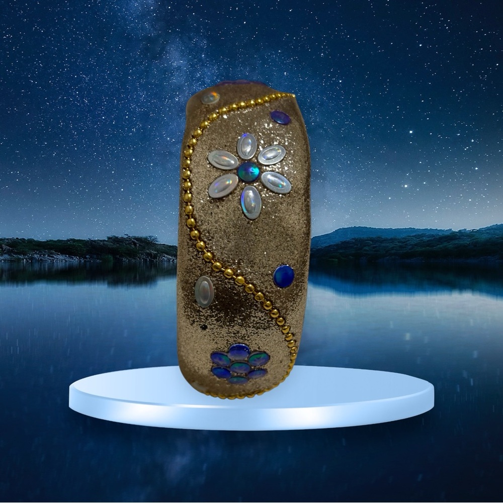 Bangle with Bead and Floral Accents Gold and Blue - Picture 3 of 11